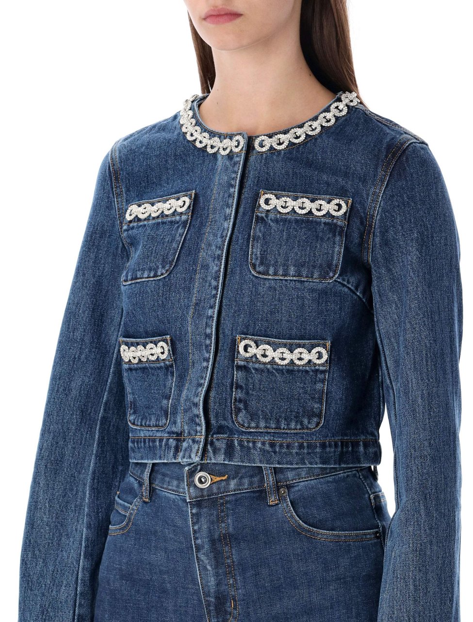 Self-Portrait Cropped Denim Jacket Blue Blauw