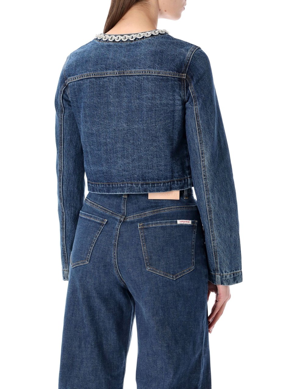 Self-Portrait Cropped Denim Jacket Blue Blauw