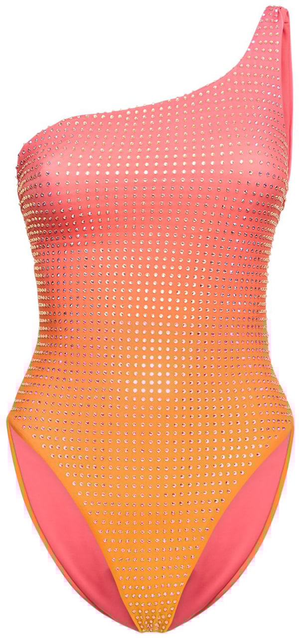 Self-Portrait One-shoulder swimsuit with rhinestones Roze