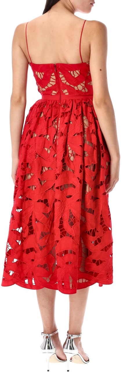 Self-Portrait Bow Embroidery Midi Dress Rosso Rood