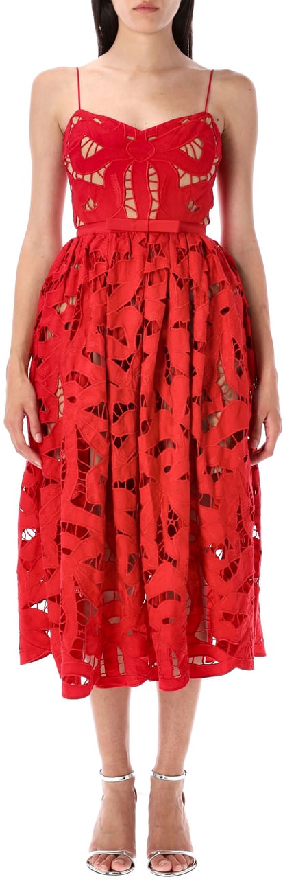 Self-Portrait Bow Embroidery Midi Dress Rosso Rood