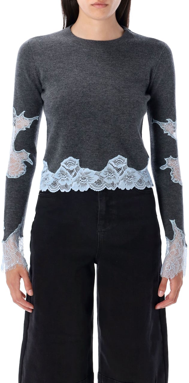 Self-Portrait Knit Crew Neck Lace Detail Grigio Grijs