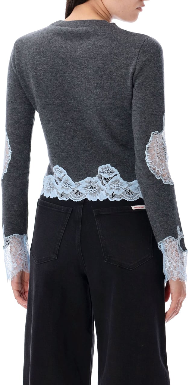Self-Portrait Knit Crew Neck Lace Detail Grigio Grijs