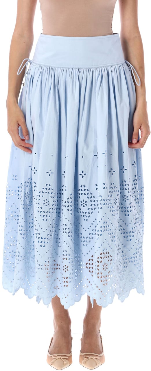 Self-Portrait Cotton Broderie Midi Skirt Blue Blauw