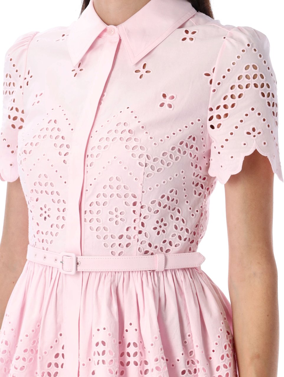 Self-Portrait Cotton Broderie Mini Dress Rosa Roze