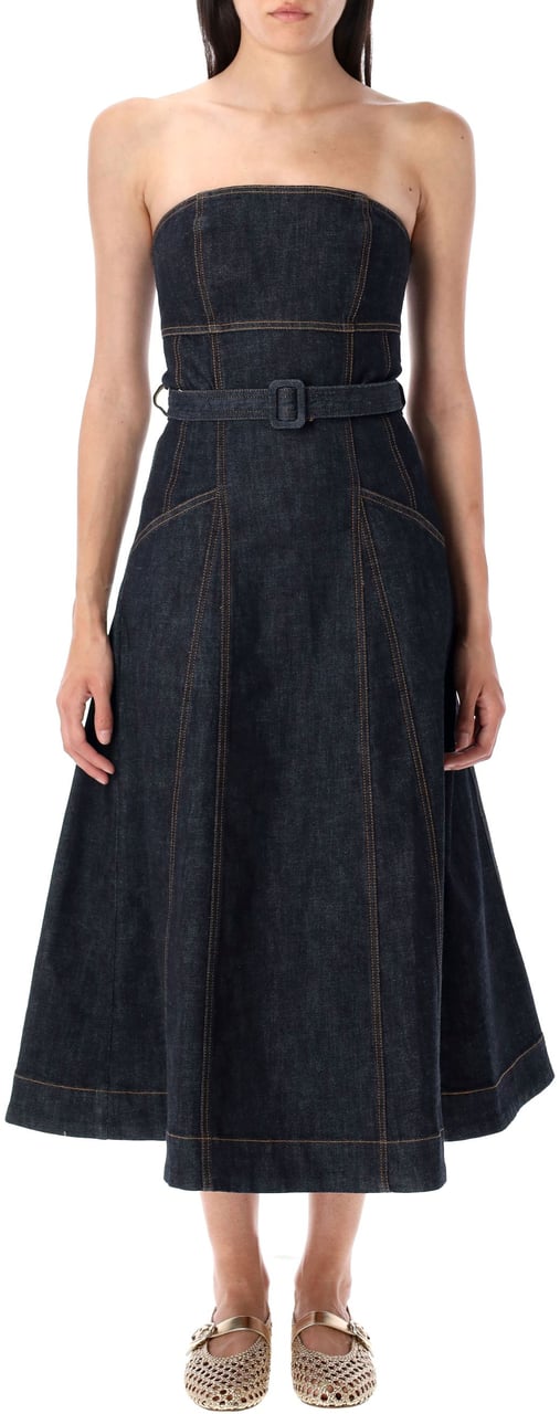 Self-Portrait Denim Bustier Long Dress Blue Blauw