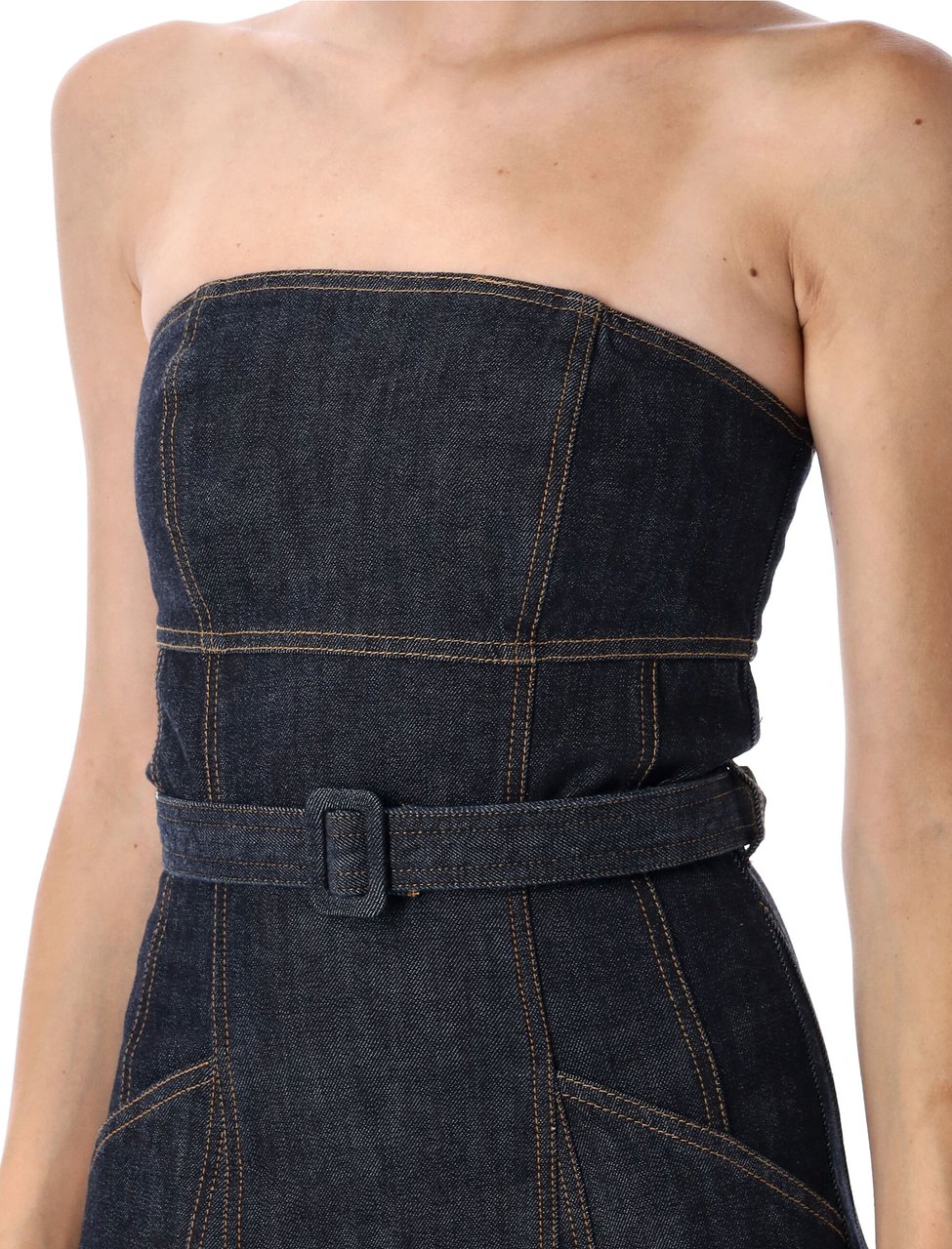 Self-Portrait Denim Bustier Long Dress Blue Blauw