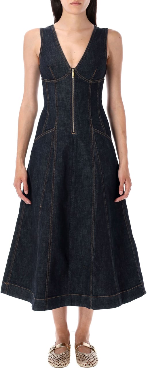 Self-Portrait Denim Long Dress Blue Blauw
