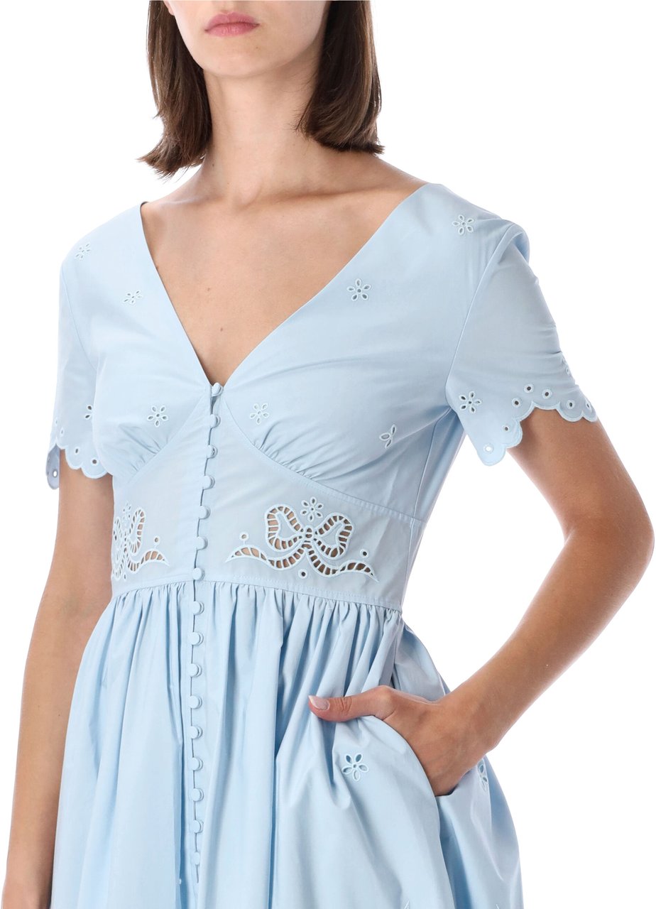 Self-Portrait Embroidered Midi Cotton Dress Blu Lichtblauw