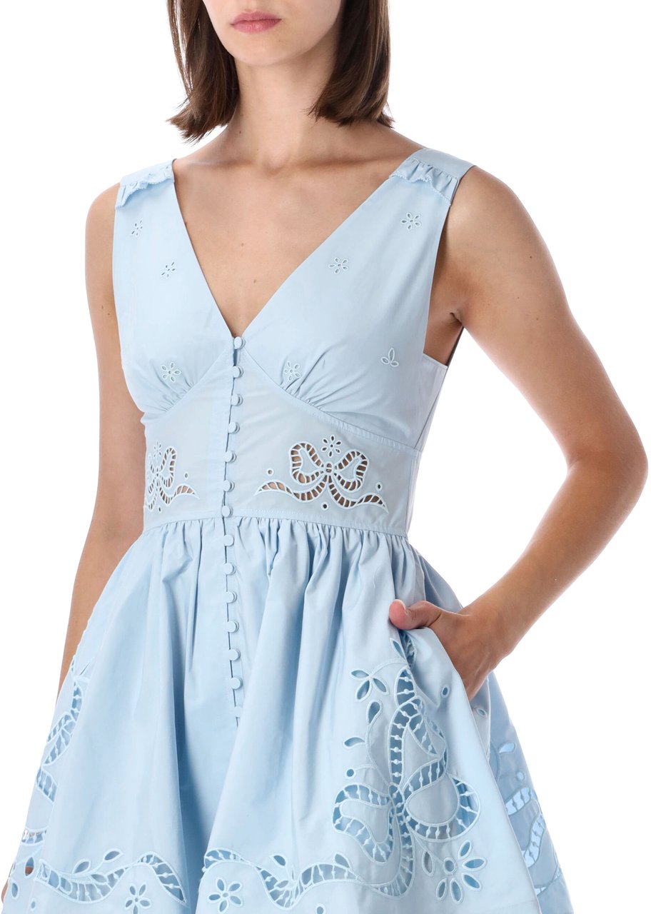 Self-Portrait Embroidered Mini Cotton Dress Blu Lichtblauw