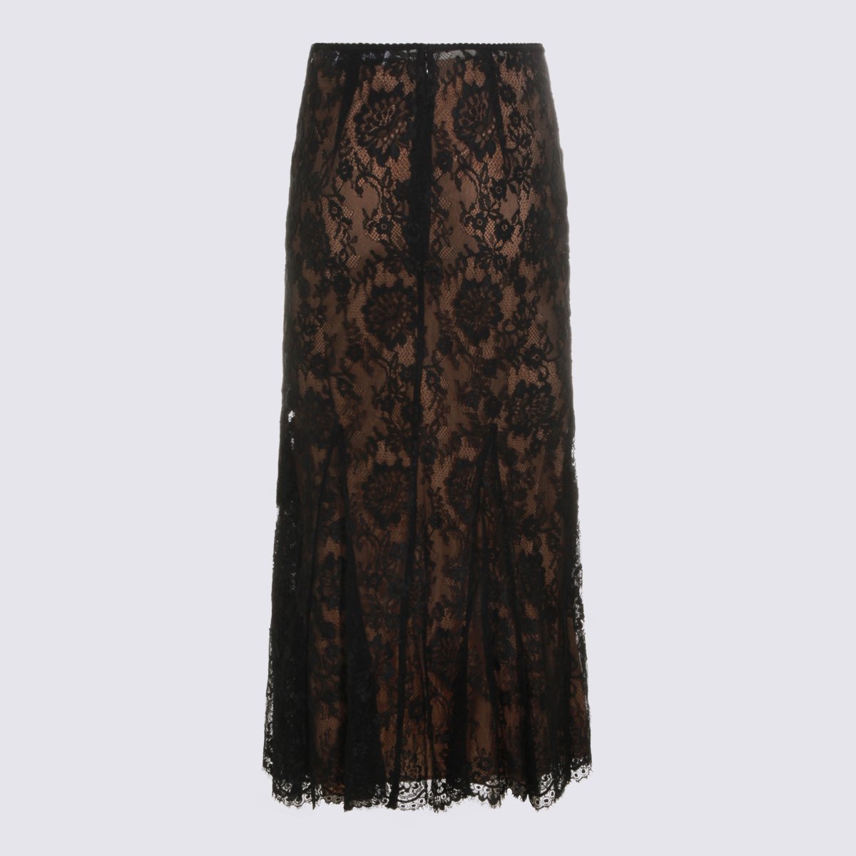 Self-Portrait Sheer Black Floral Lace Midi Skirt With Scalloped Hem Zwart