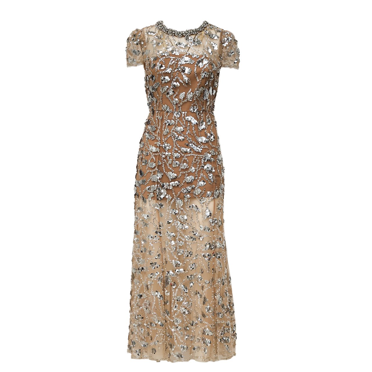 Self-Portrait Silver Sequin Embellished Midi Dress With Flared Silhouette Bruin