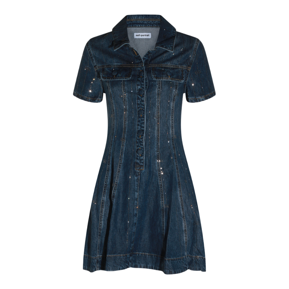 Self-Portrait Fitted Denim Mini Dress With Collared Neckline And Sparkling Accents Blauw