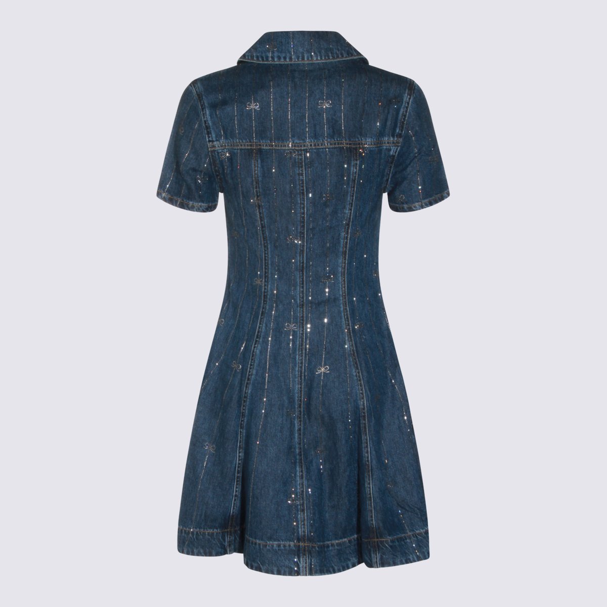 Self-Portrait Fitted Denim Mini Dress With Collared Neckline And Sparkling Accents Blauw