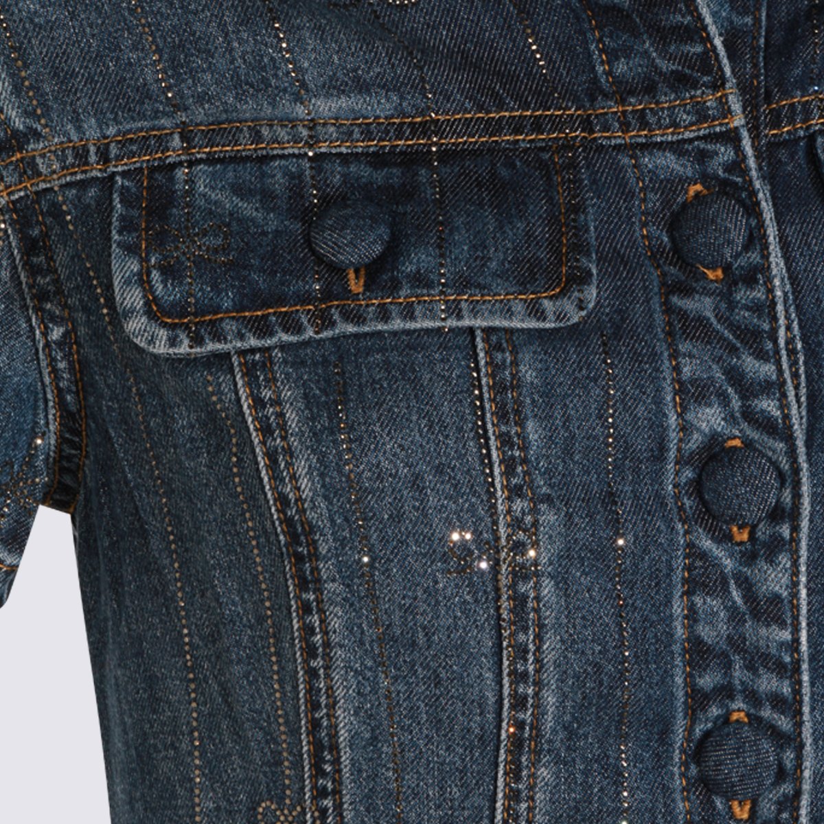 Self-Portrait Fitted Denim Mini Dress With Collared Neckline And Sparkling Accents Blauw
