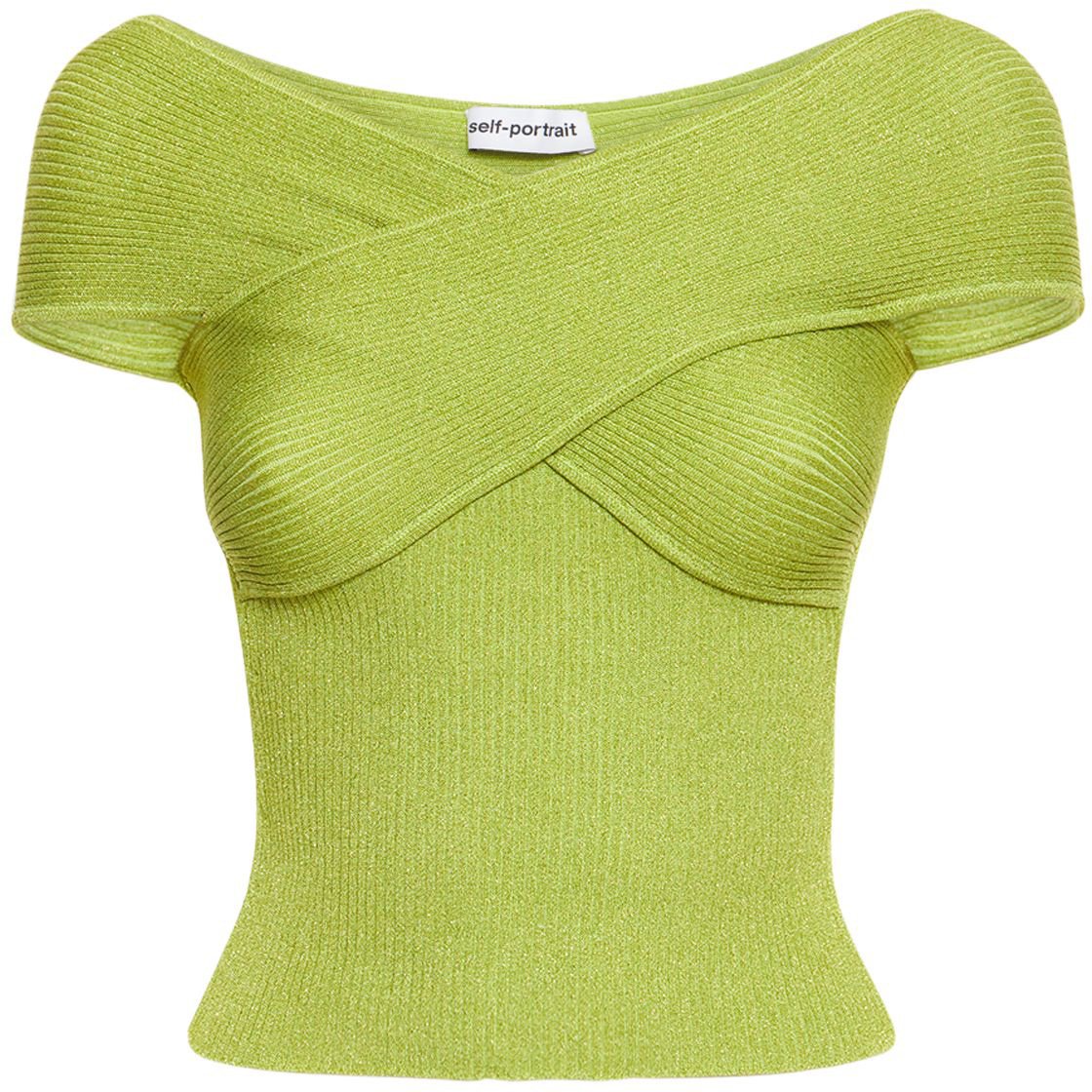 Self-Portrait Bright green top with wide neckline elegant Groen