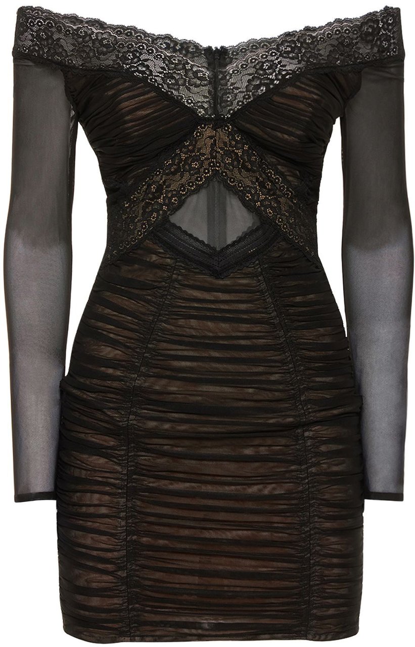 Self-Portrait Elegant black dress with sheer sleeves Zwart