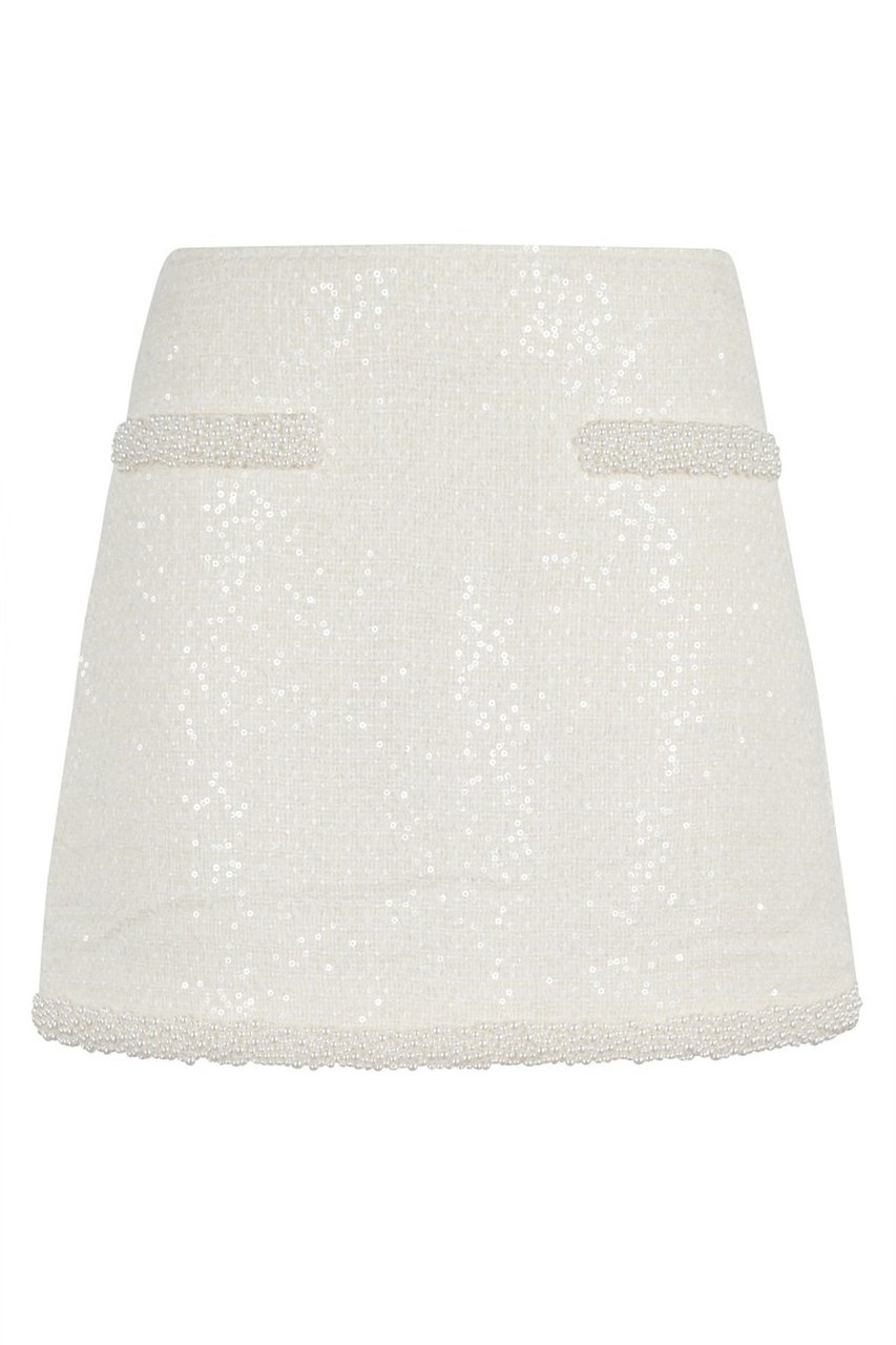 Self-Portrait Cream Boucle Pearl Trim Mini Skirt Neutraal