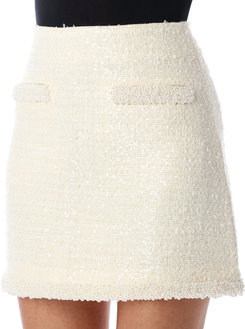 Self-Portrait Bouclé pearl trim mini skirt Beige