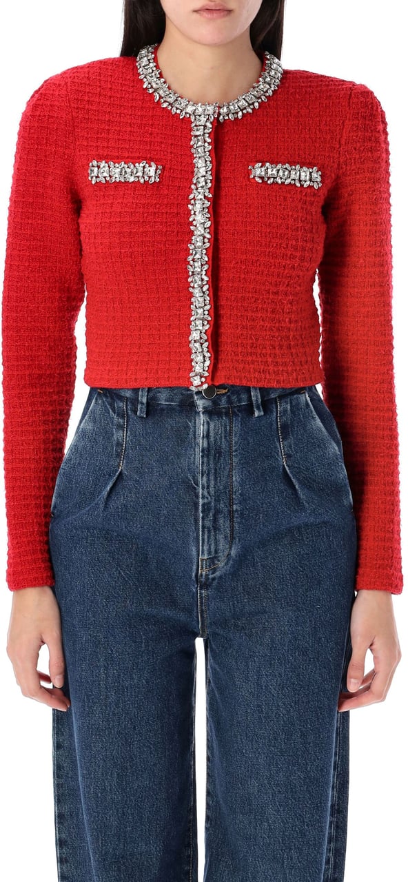 Self-Portrait Textured knit cardigan Rood