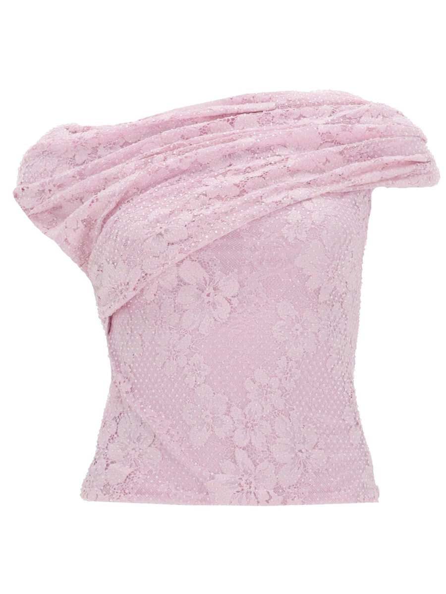 Self-Portrait Neutrals Off-Shoulder Sheer Floral Lace Top Paars