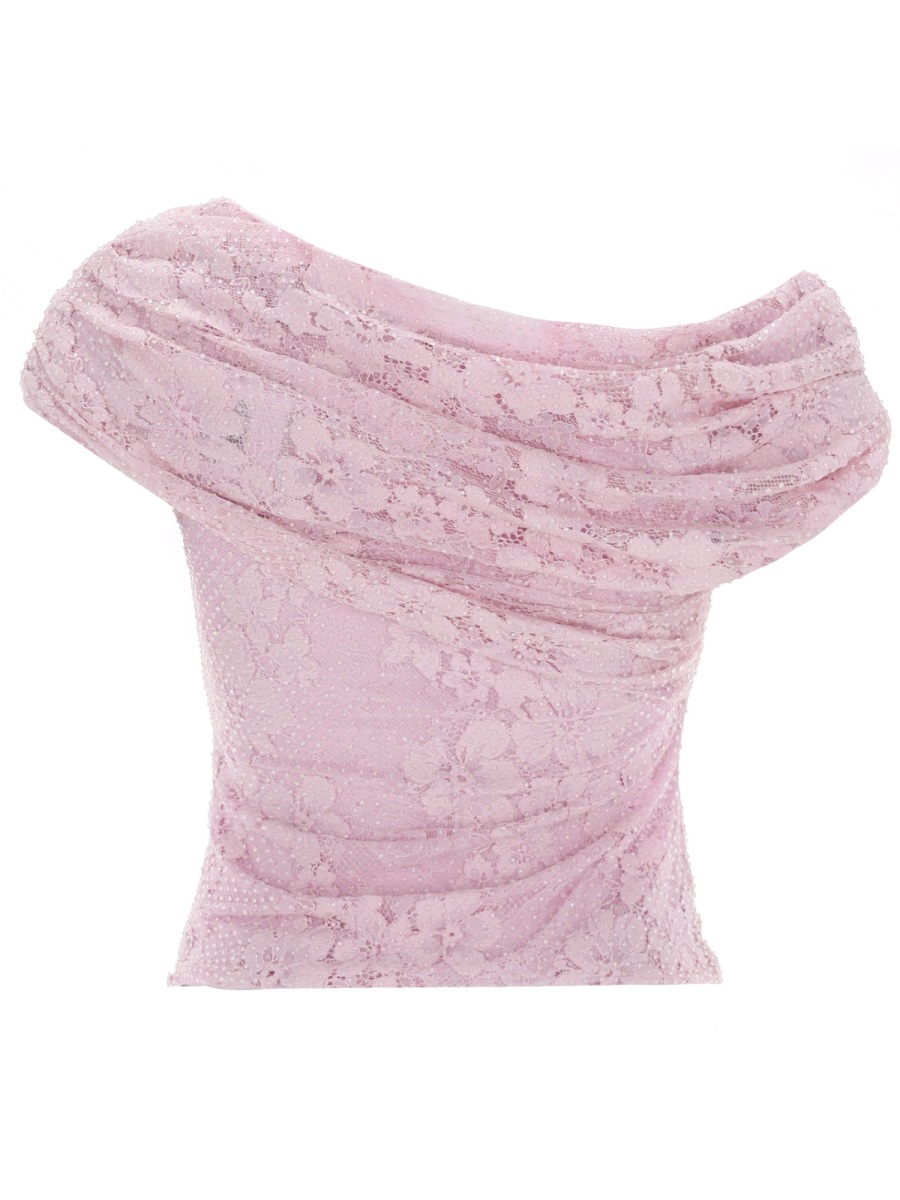 Self-Portrait Neutrals Off-Shoulder Sheer Floral Lace Top Paars