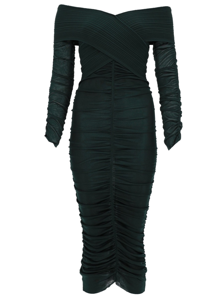 Self-Portrait Neutrals Viscose Gathered Ribbed Midi Dress Zwart