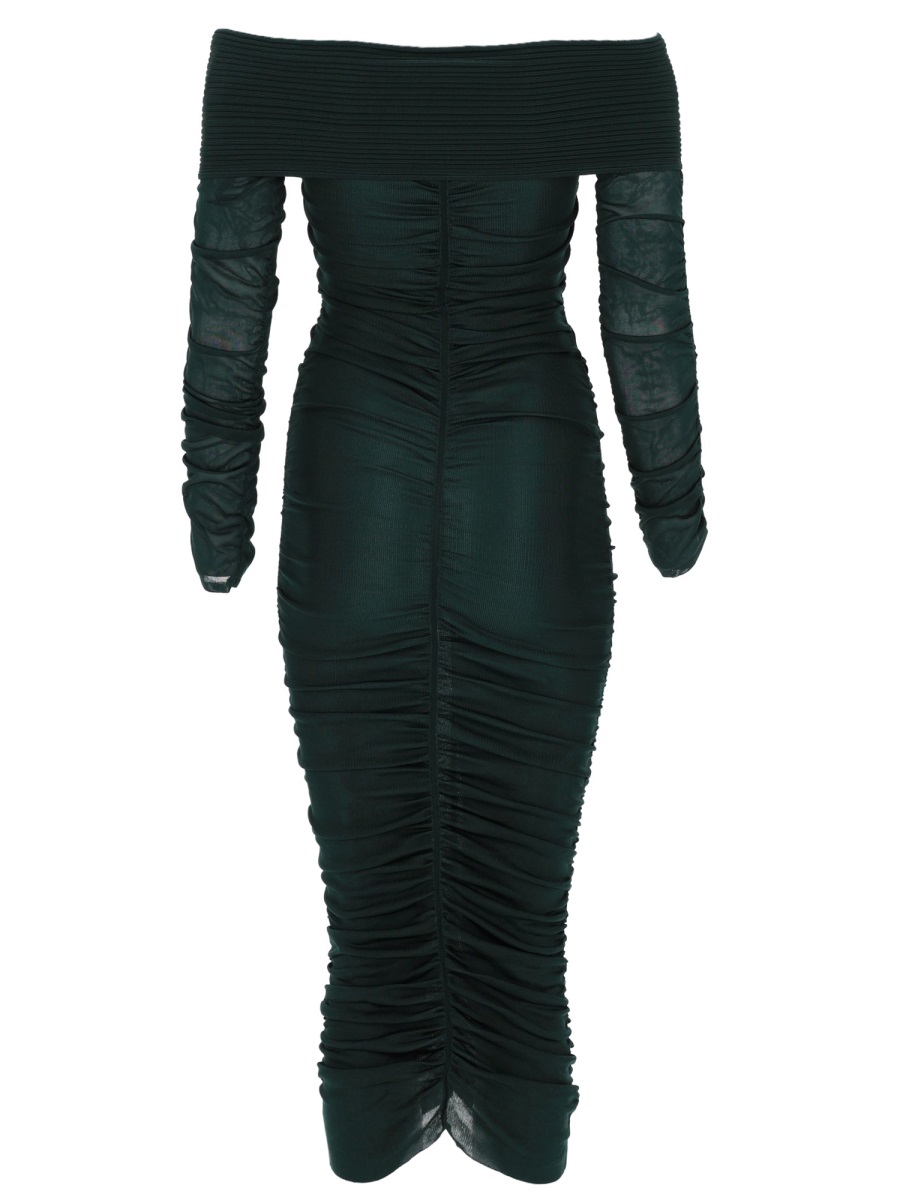 Self-Portrait Neutrals Viscose Gathered Ribbed Midi Dress Zwart