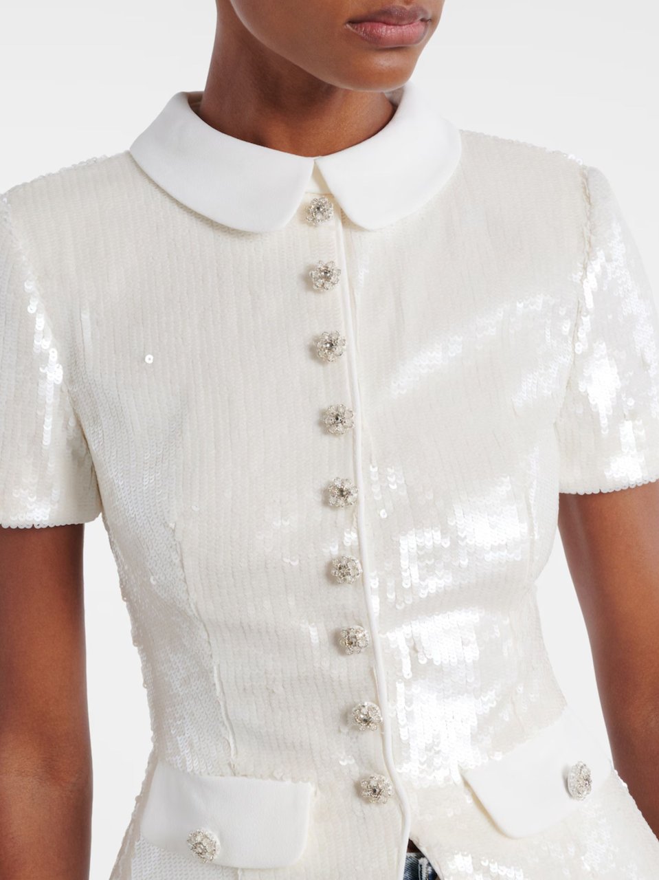 Self-Portrait White Crystal Floral Sequined Top Wit