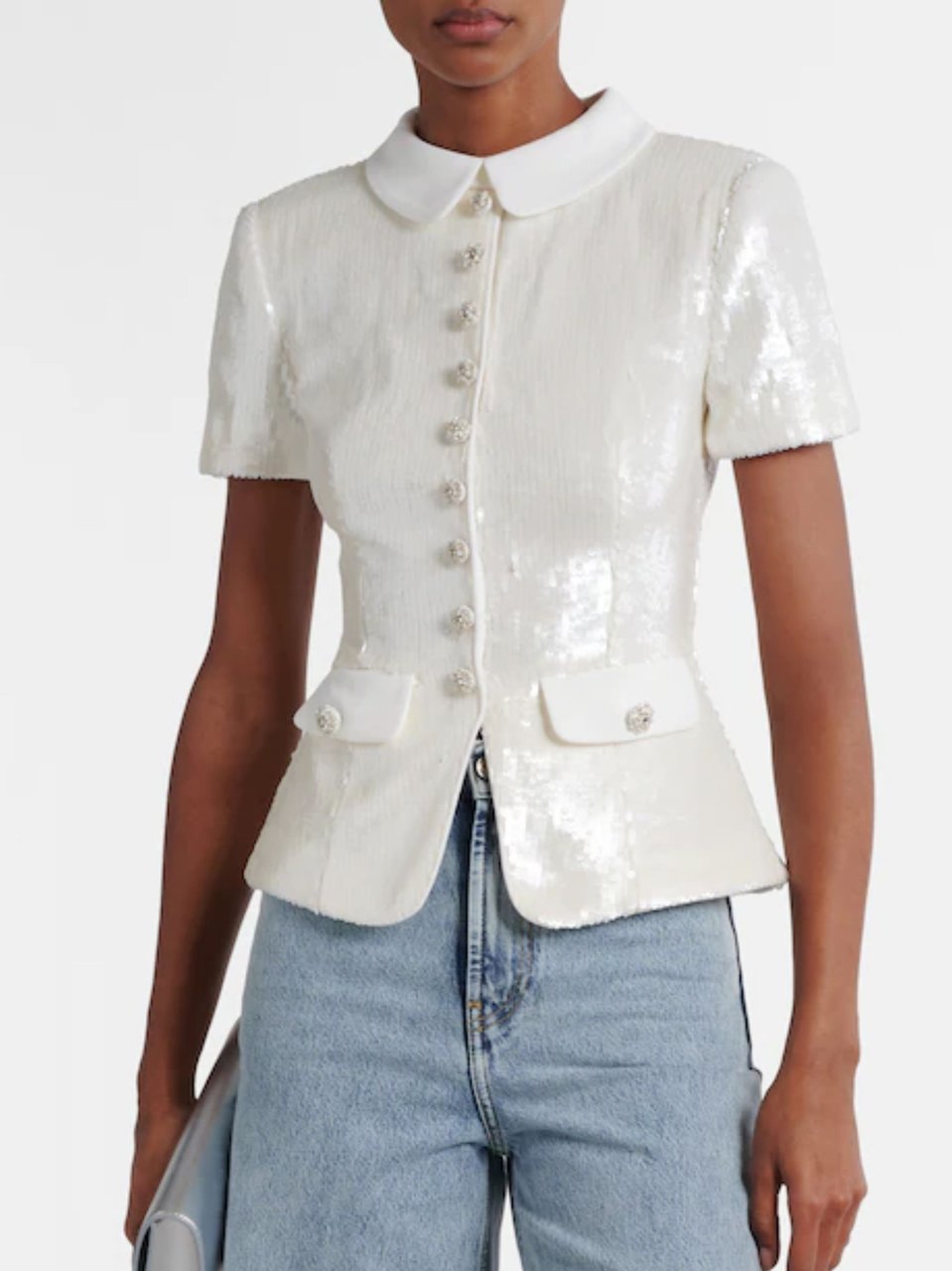 Self-Portrait White Crystal Floral Sequined Top Wit