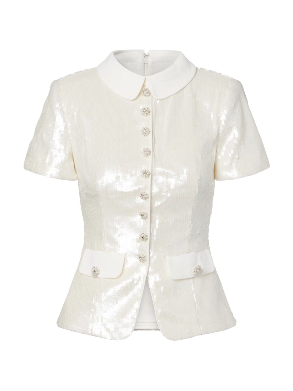 Self-Portrait White Crystal Floral Sequined Top Wit