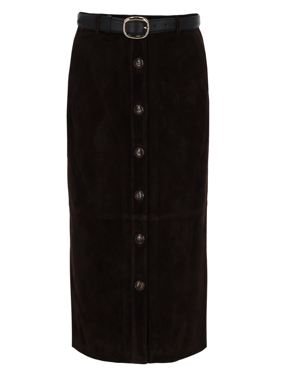 Self-Portrait Button-Down Slim Belt Suede Midi Skirt Zwart