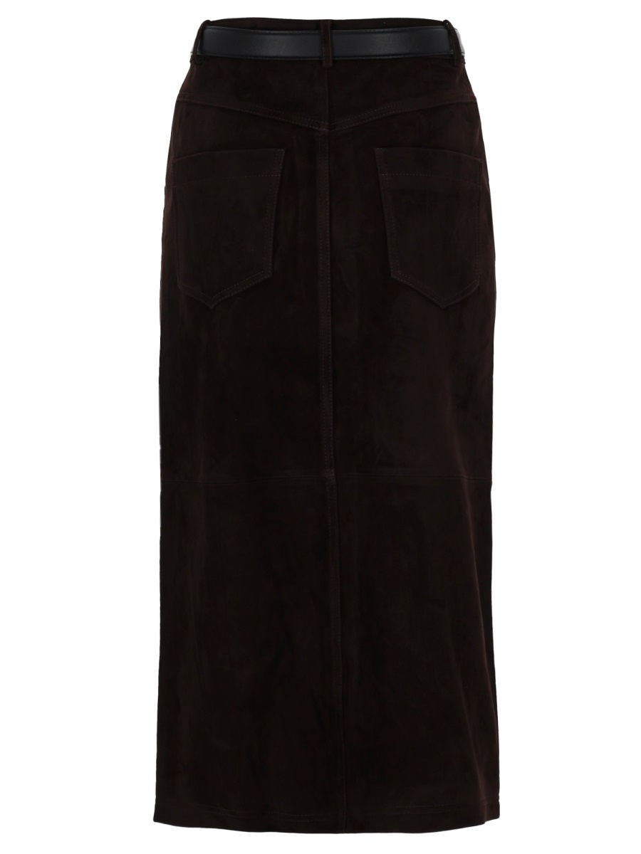 Self-Portrait Button-Down Slim Belt Suede Midi Skirt Zwart