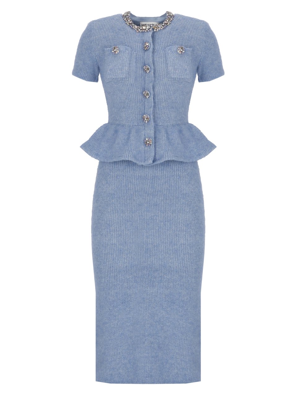 Self-Portrait Peplum Midi Dress with Rhinestone Embellishments and Button Details Grijs