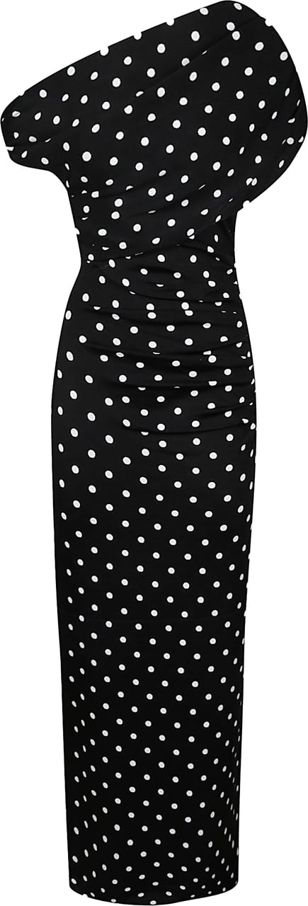 Self-Portrait Polka Dot Draped Knit Midi Dress Black Zwart