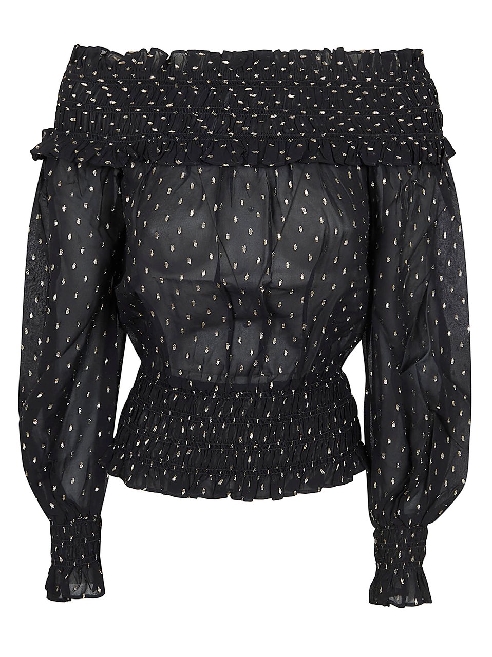 Self-Portrait Off-the-Shoulder Black Chiffon Top with Metallic Fil Coupé Details Zwart