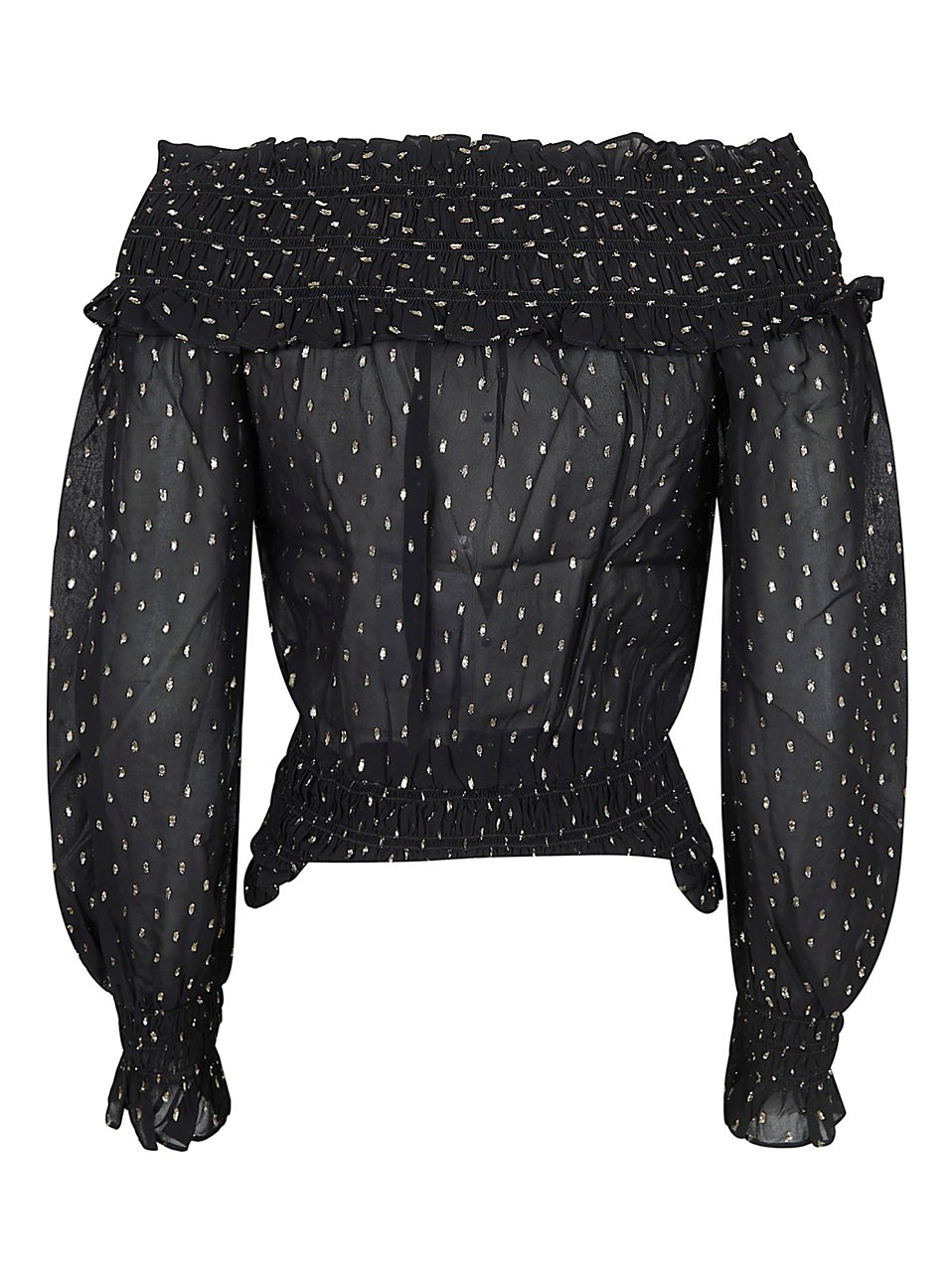 Self-Portrait Off-the-Shoulder Black Chiffon Top with Metallic Fil Coupé Details Zwart