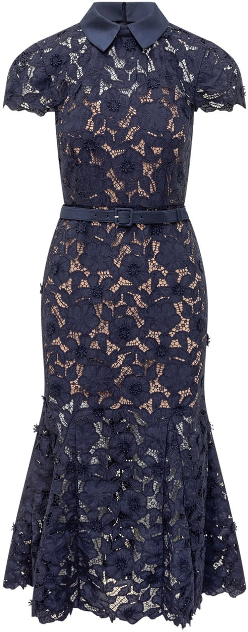 Self-Portrait Abito Midi in Pizzo Floreale Navy