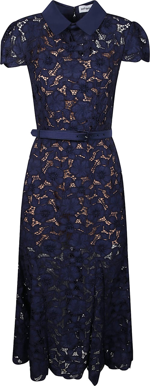 Self-Portrait Guipure Lace Midi Dress Blue Blauw