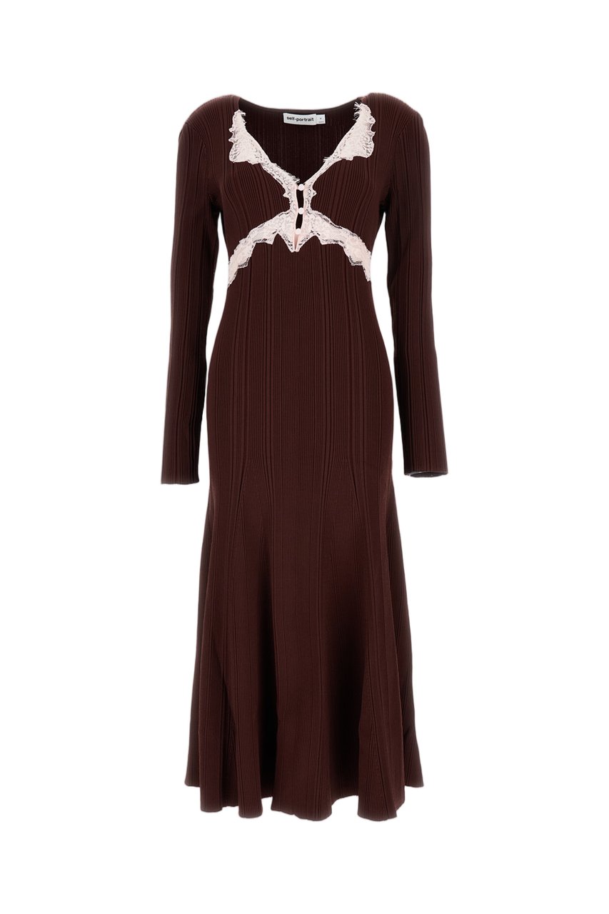 Self-Portrait Knitted Ribbed Lace A-Line Mini Dress Bruin