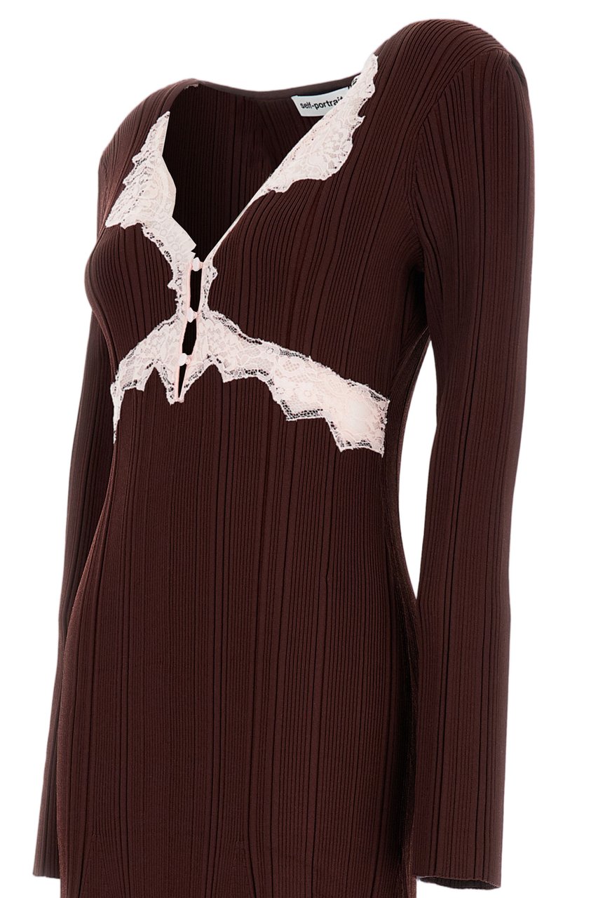 Self-Portrait Knitted Ribbed Lace A-Line Mini Dress Bruin