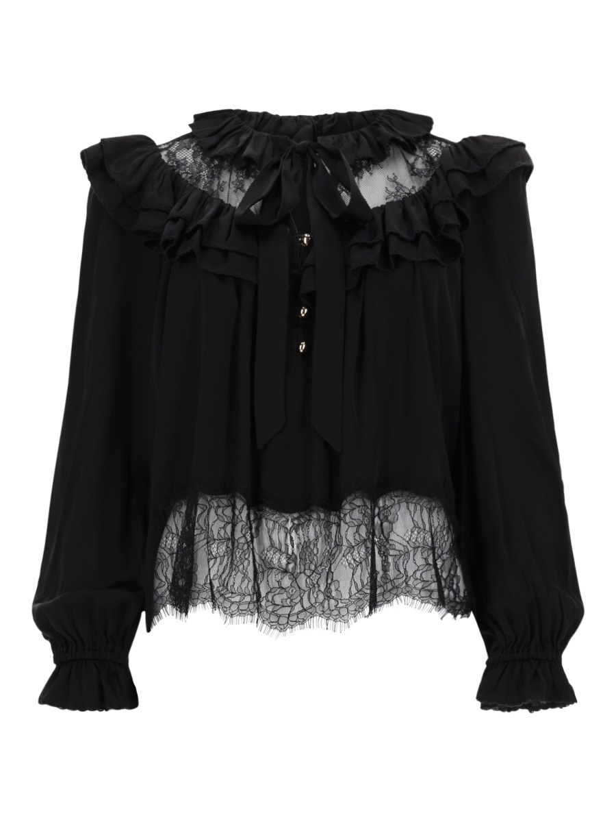 Self-Portrait Blue Relaxed Fit Viscose Ruffled Neckline Blouse Zwart