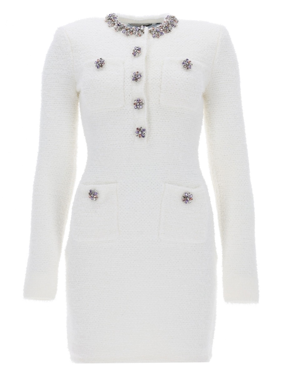 Self-Portrait Textured Jewel Buttons Fitted Mini Dress Wit