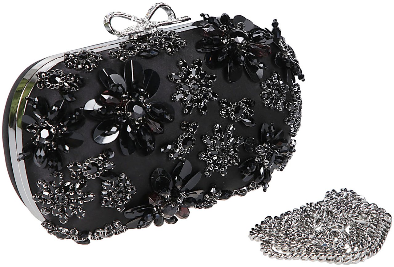 Self-Portrait Satin Floral Crystal Clutch Bag Black Zwart