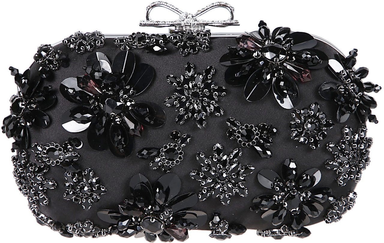 Self-Portrait Satin Floral Crystal Clutch Bag Black Zwart