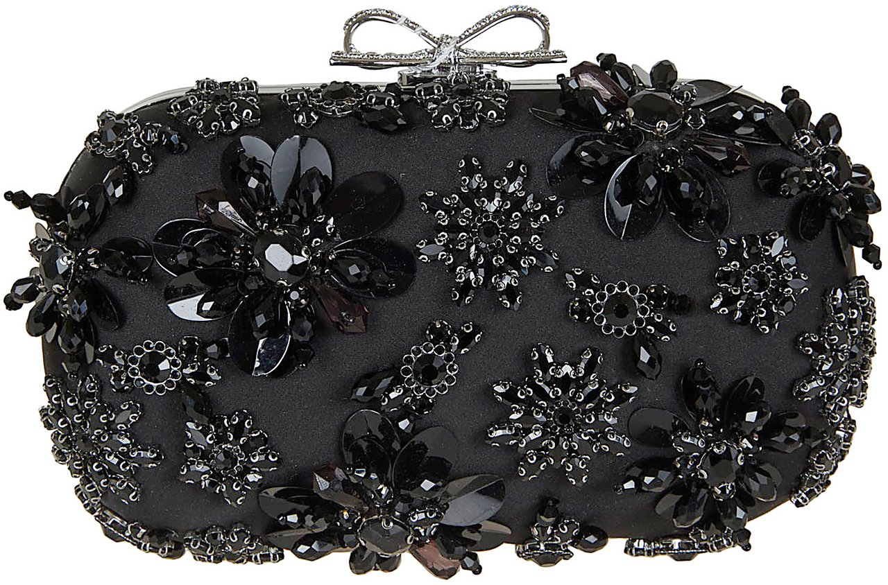 SELF-PORTRAIT BLACK SATIN FLORAL CRYSTAL CLUTCH BAG Zwart