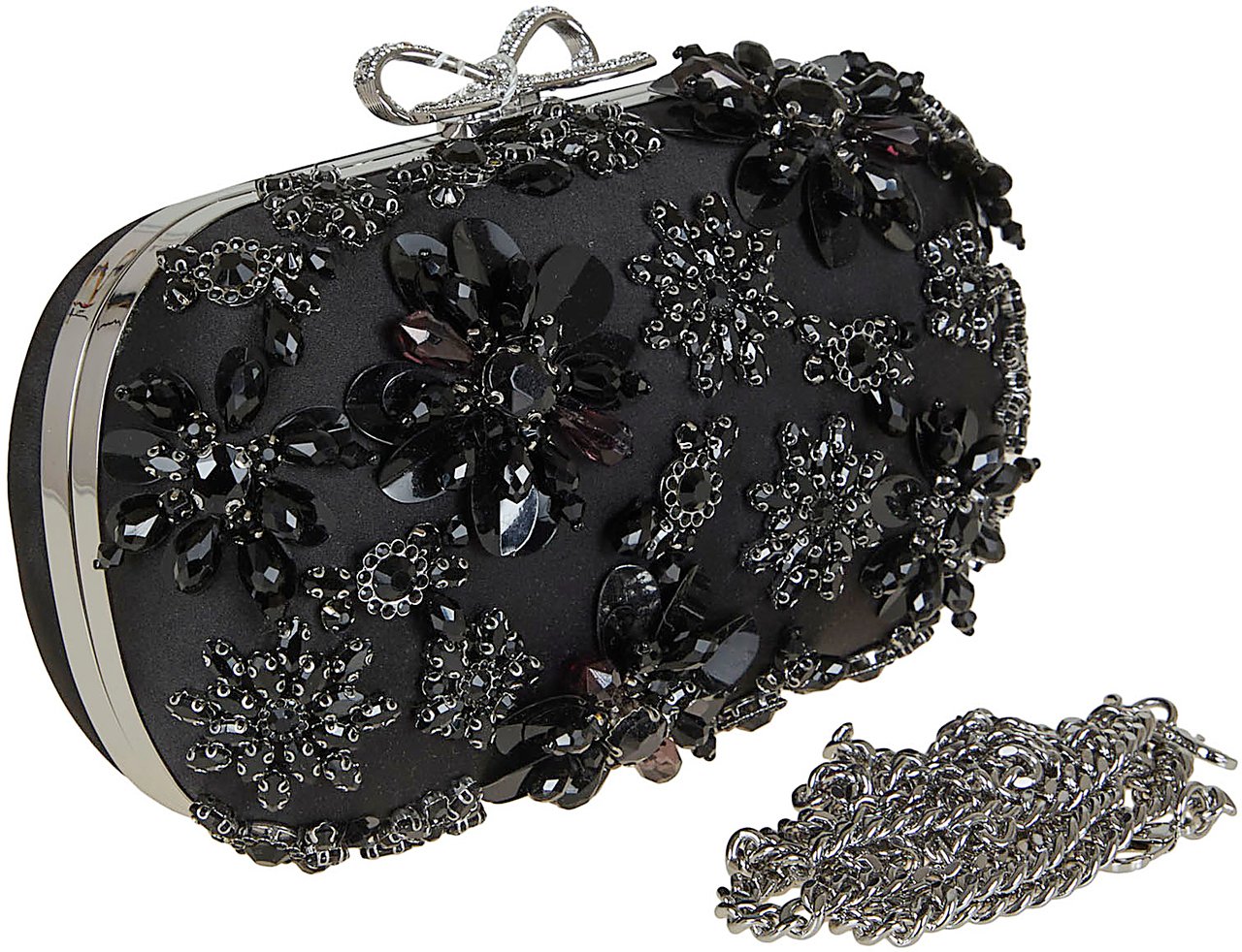 SELF-PORTRAIT BLACK SATIN FLORAL CRYSTAL CLUTCH BAG Zwart