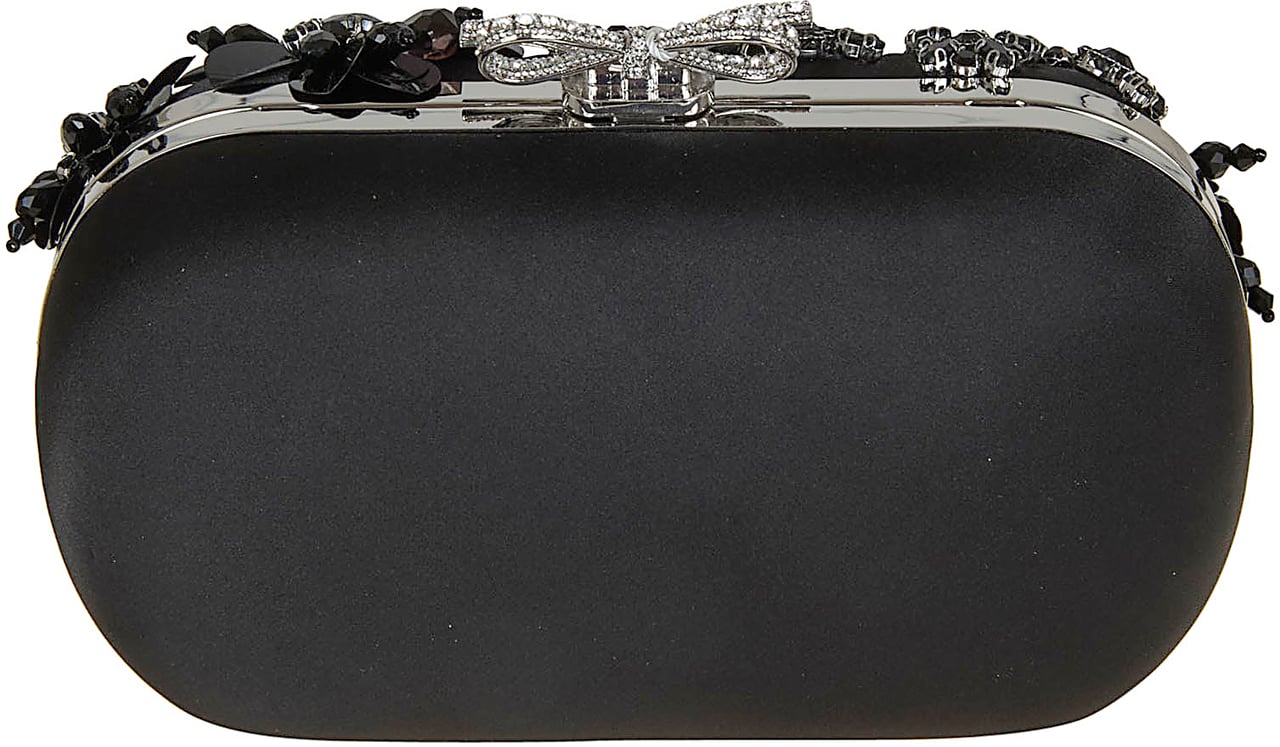 SELF-PORTRAIT BLACK SATIN FLORAL CRYSTAL CLUTCH BAG Zwart