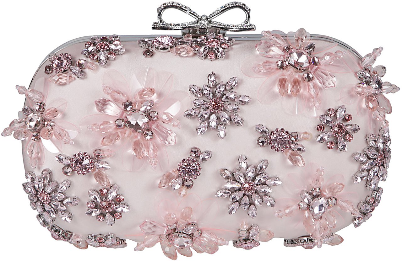Self-Portrait Satin Floral Crystal Clutch Bag Pink & Purple Roze