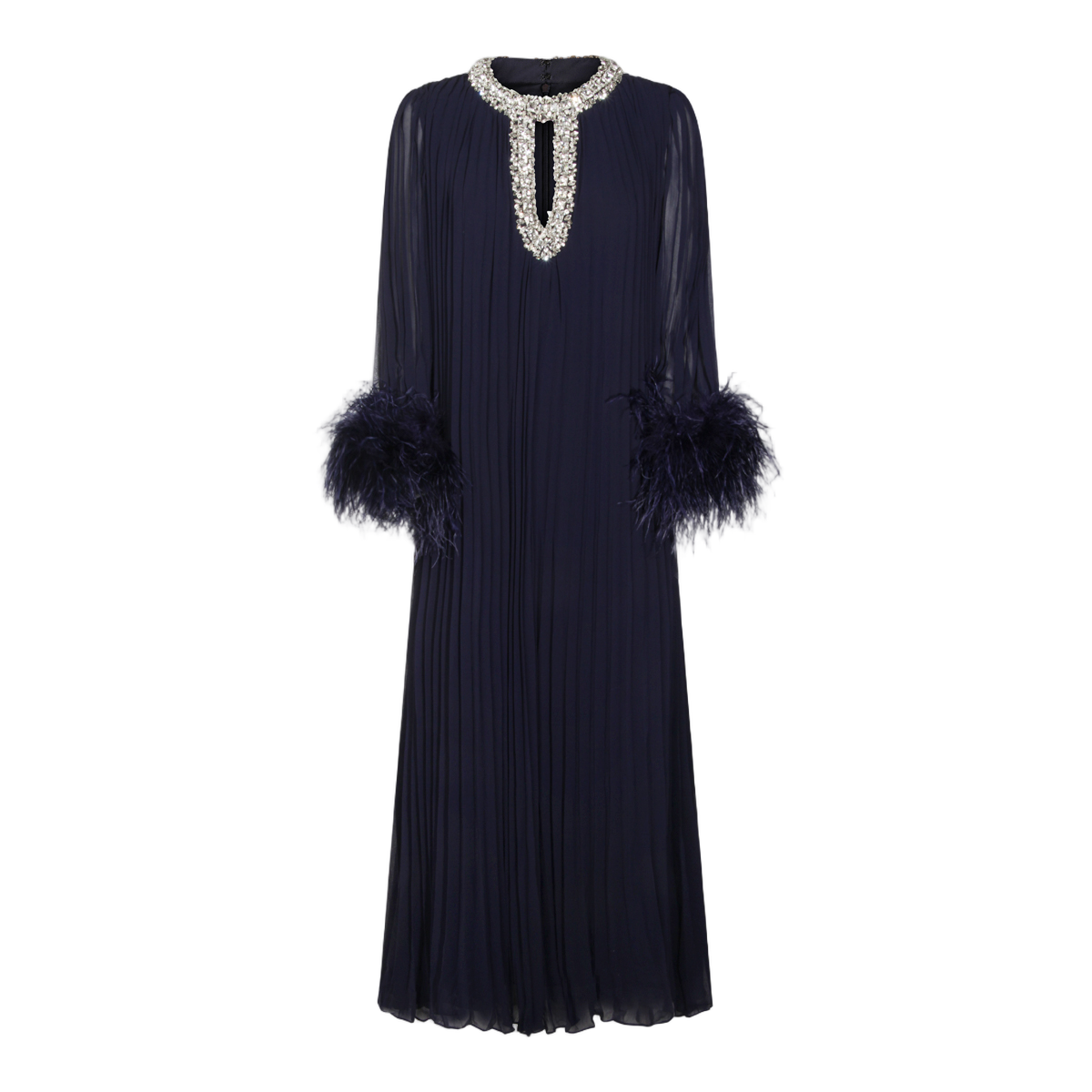 Self-Portrait Flowing Pleated Midi Dress with Feather Cuffs Zwart